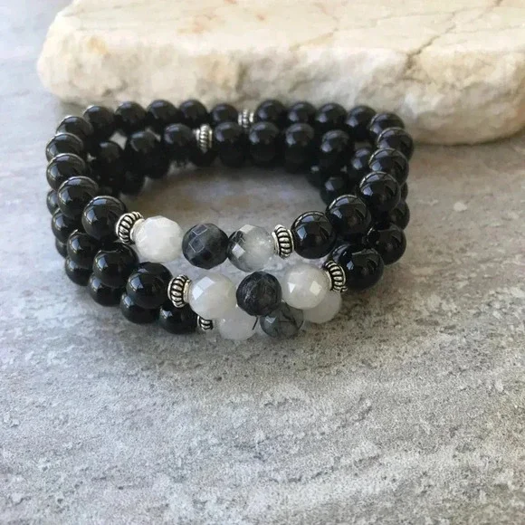 Black Bracelet, Onyx Bracelet, Tourmalinated Quartz, Black and White Bracelet - Picture 3 of 4